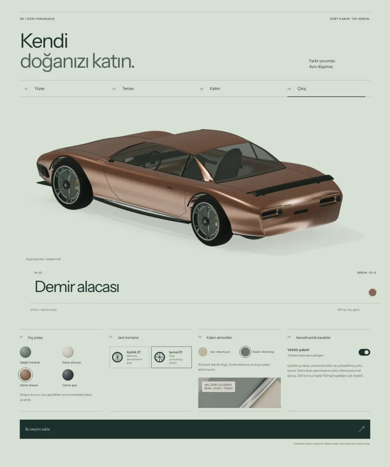 SEREIN boya, jant, kabin ve aero paketi yapılandırıcısı