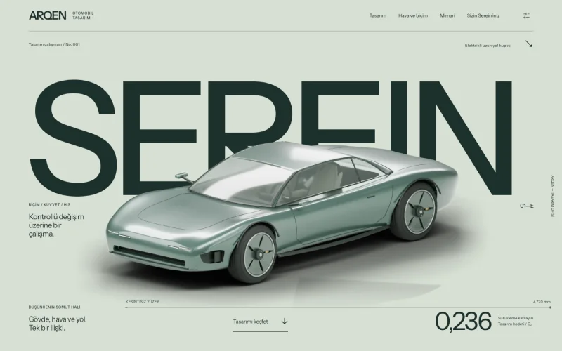 ARQEN SEREIN 01—E kurgusal elektrikli grand tourer ve editoryal lansman kompozisyonu