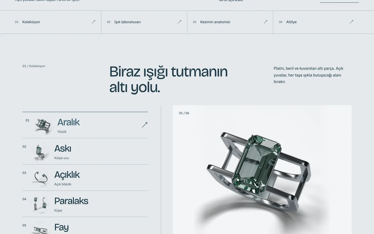 VELORREN koleksiyon gezinmesi: altı nesne listesi solda, seçili Aralık yüzüğünün büyük ürün görselleştirmesi sağda